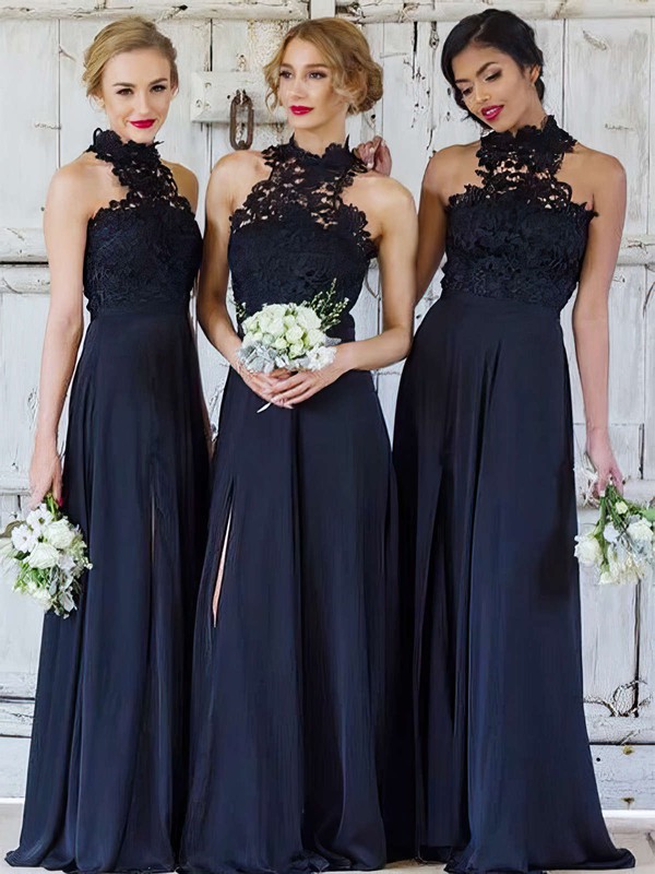 Lace Chiffon High Neck Floor-length A-line Split Front Bridesmaid Dresses #PWD01013694