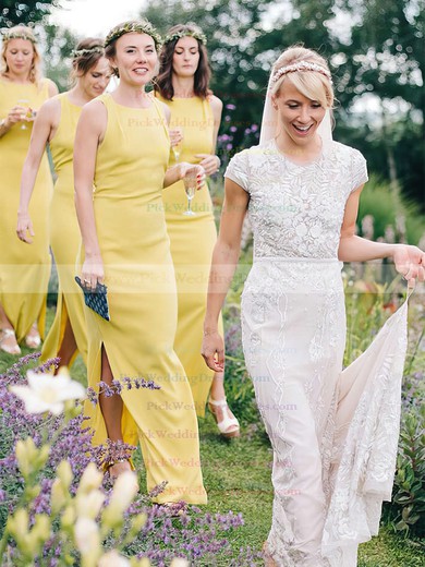 Silk-like Satin Scoop Neck Ankle-length Sheath/Column Split Front Bridesmaid Dresses #PWD01013696