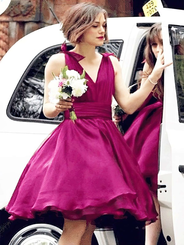 Organza V-neck Knee-length Ball Gown Ruffles Bridesmaid Dresses #PWD01013697