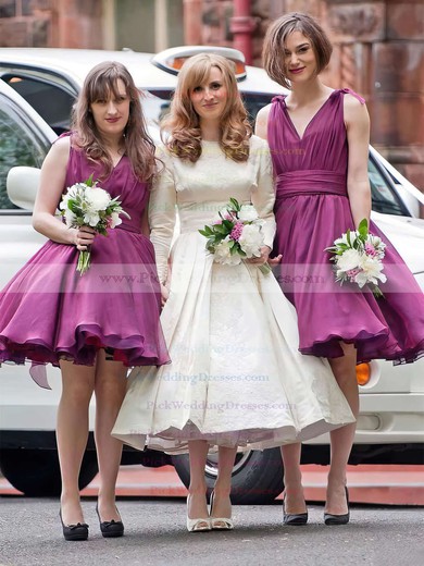 Organza V-neck Knee-length Ball Gown Ruffles Bridesmaid Dresses #PWD01013697