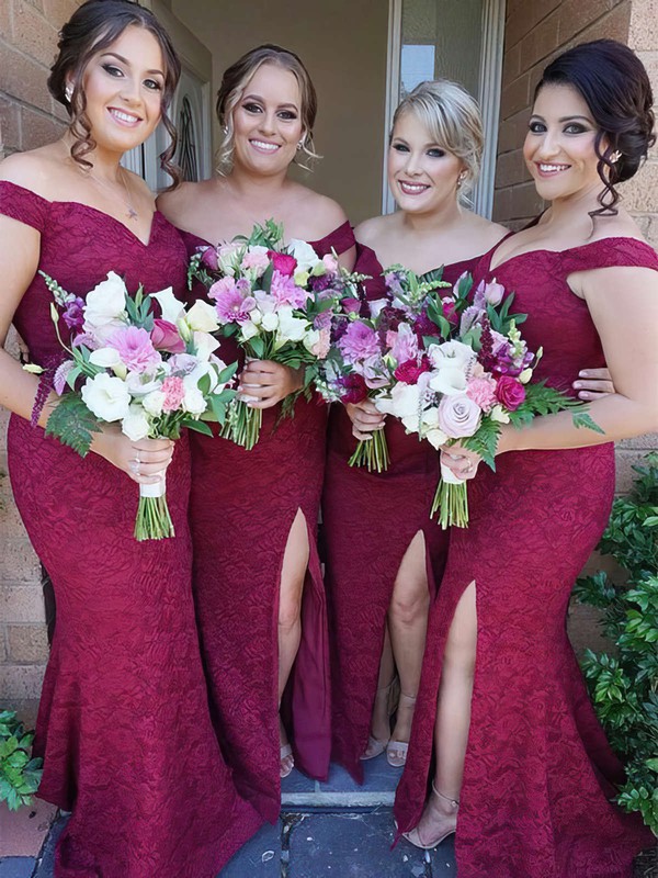 Lace Off-the-shoulder Sweep Train Trumpet/Mermaid Split Front Bridesmaid Dresses #PWD01013715