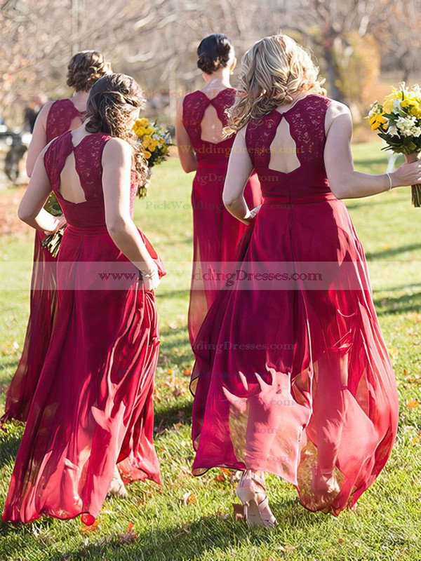 Chiffon V-neck Floor-length A-line Lace Bridesmaid Dresses #PWD01013718