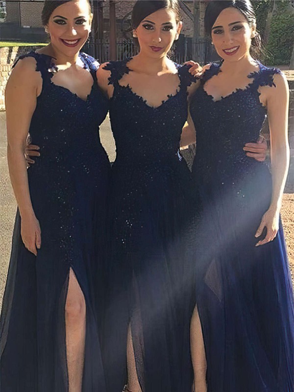 Chiffon V-neck Floor-length A-line Appliques Lace Bridesmaid Dresses #PWD01013719