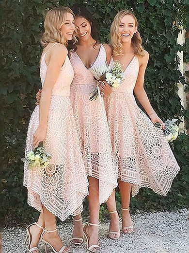 Lace V-neck Tea-length A-line Bridesmaid Dresses #PWD01013596