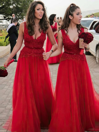 Tulle V-neck Floor-length A-line Lace Bridesmaid Dresses #PWD01013636