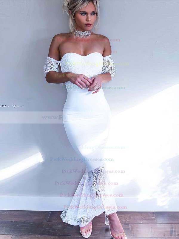 Silk-like Satin Off-the-shoulder Asymmetrical Trumpet/Mermaid Lace Bridesmaid Dresses #PWD01013638