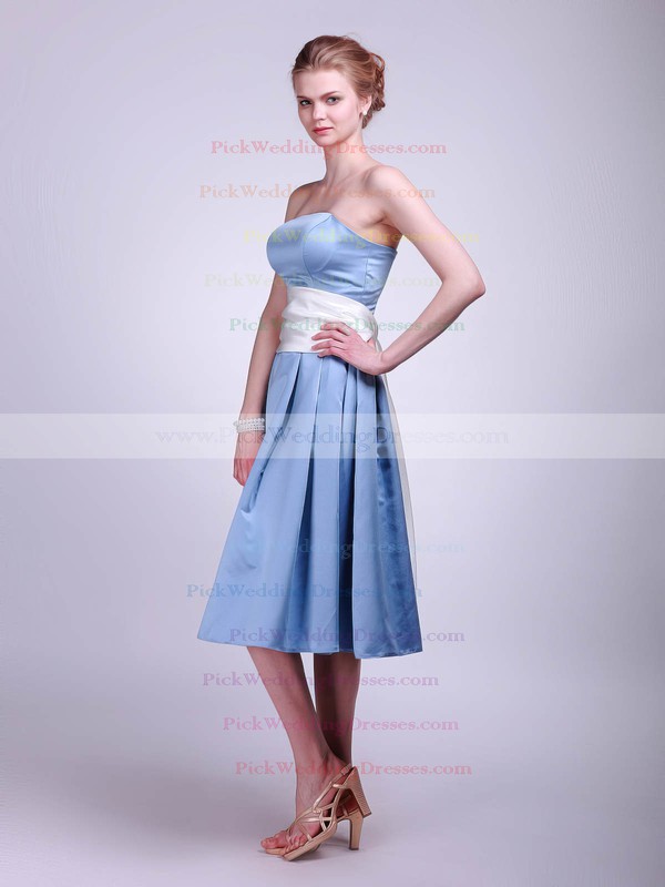 A-line Tea-length Satin Sashes/Ribbons Strapless Bridesmaid Dresses #PWD02013624