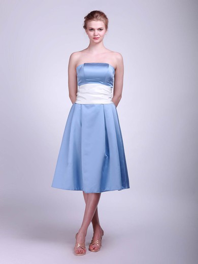 A-line Tea-length Satin Sashes/Ribbons Strapless Bridesmaid Dresses #PWD02013624