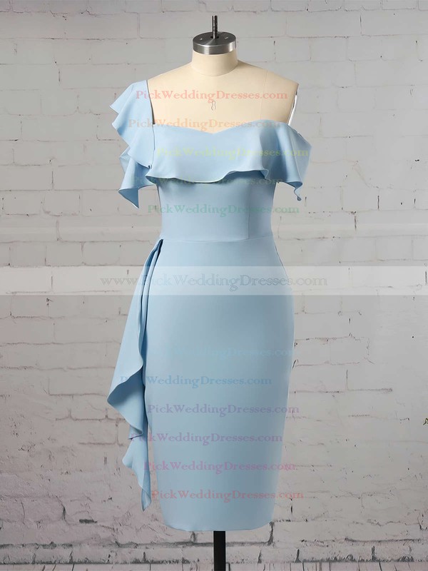 Silk-like Satin One Shoulder Tea-length Sheath/Column Ruffles Bridesmaid Dresses #PWD01013657