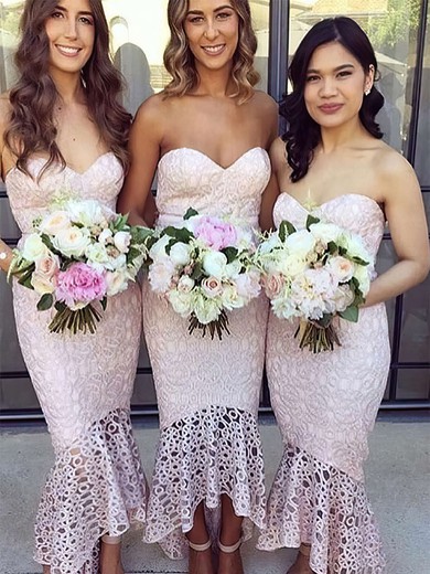 Lace Sweetheart Asymmetrical Trumpet/Mermaid Bridesmaid Dresses #PWD01013663
