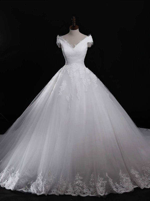 Tulle V-neck Chapel Train Ball Gown Appliques Lace Wedding Dresses #PWD00023321