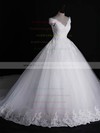 Tulle V-neck Chapel Train Ball Gown Appliques Lace Wedding Dresses #PWD00023321