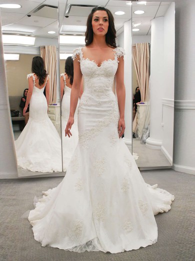 Lace Satin V-neck Sweep Train Trumpet/Mermaid Appliques Lace Wedding Dresses #PWD00023323