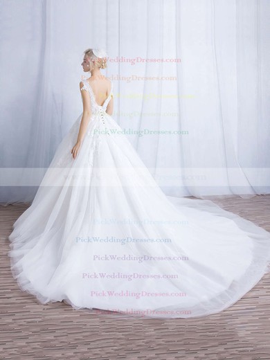 Tulle V-neck Chapel Train Ball Gown Appliques Lace Wedding Dresses #PWD00023324