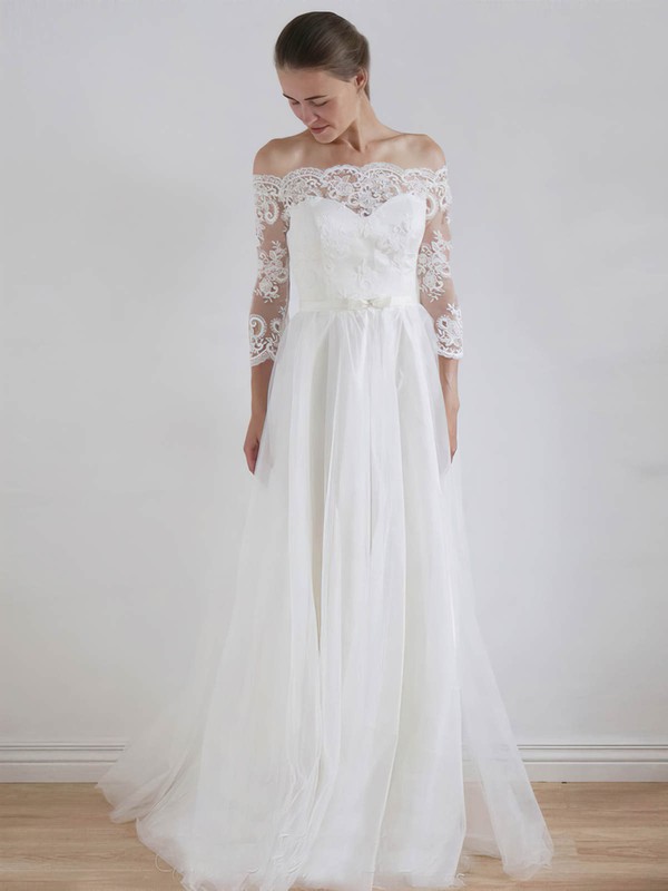 Tulle Off-the-shoulder Floor-length A-line Lace Wedding Dresses #PWD00023325