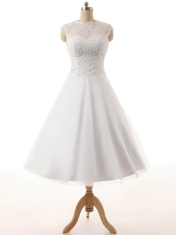 Tulle Scoop Neck Tea-length Princess Lace Wedding Dresses #PWD00023329