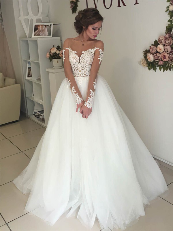 Tulle Scoop Neck Sweep Train Ball Gown Appliques Lace Wedding Dresses #PWD00023333
