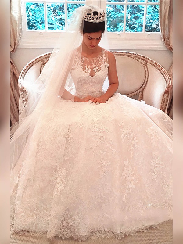 Lace Scoop Neck Court Train Ball Gown Appliques Lace Wedding Dresses #PWD00023341