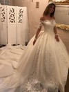 Organza Off-the-shoulder Chapel Train Ball Gown Appliques Lace Wedding Dresses #PWD00023343