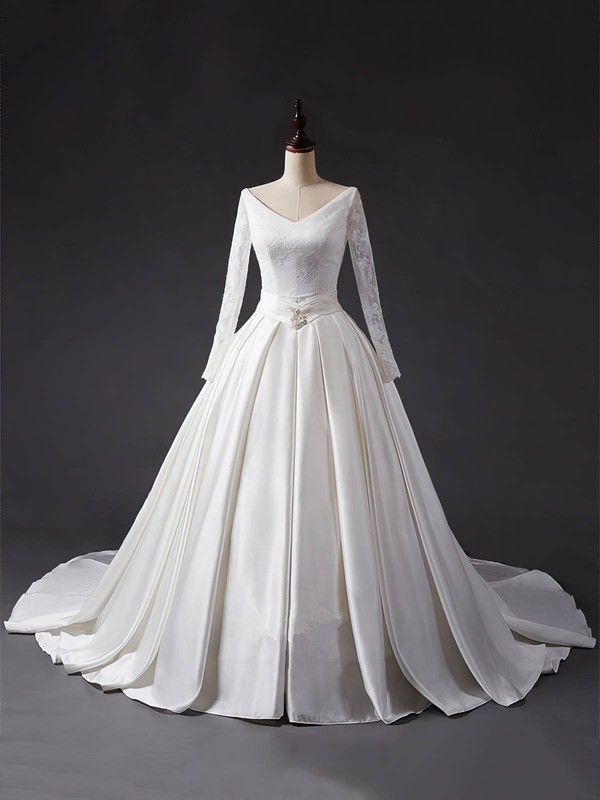 Lace Satin V-neck Chapel Train Ball Gown Sashes / Ribbons Wedding Dresses #PWD00023344