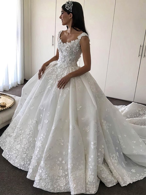 Satin V-neck Cathedral Train Ball Gown Flower(s) Wedding Dresses #PWD00023345