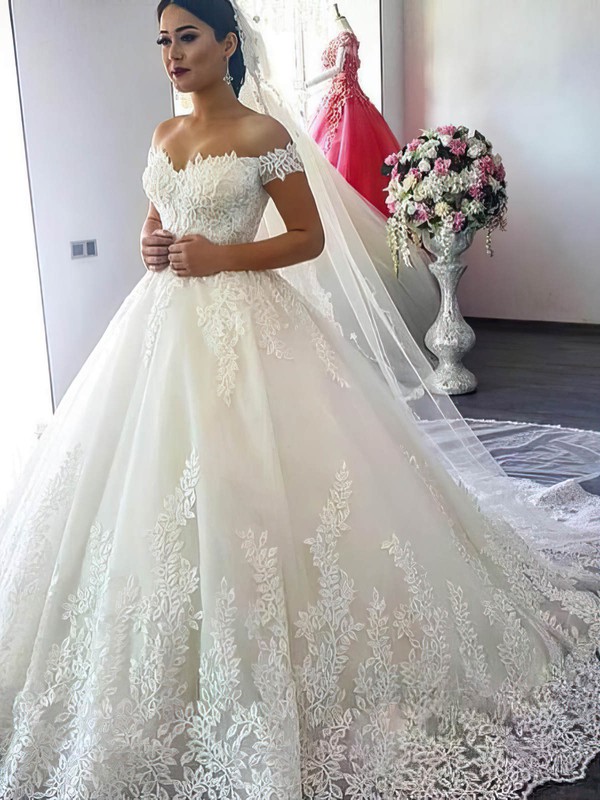 Tulle Off-the-shoulder Chapel Train Ball Gown Appliques Lace Wedding Dresses #PWD00023346