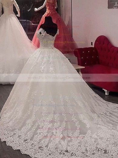 Tulle Off-the-shoulder Chapel Train Ball Gown Appliques Lace Wedding Dresses #PWD00023346