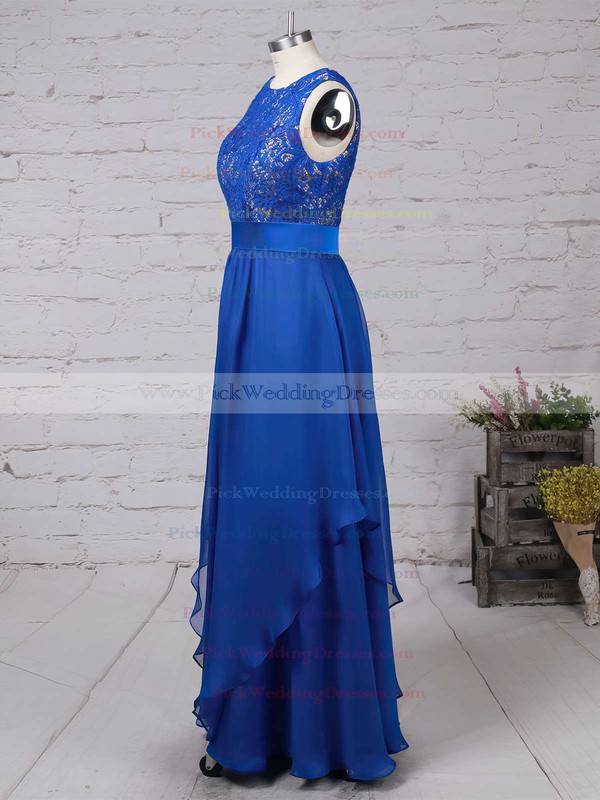 Scoop Neck Lace Chiffon Floor-length Sashes / Ribbons Royal Blue Bridesmaid Dresses #PWD010020101628