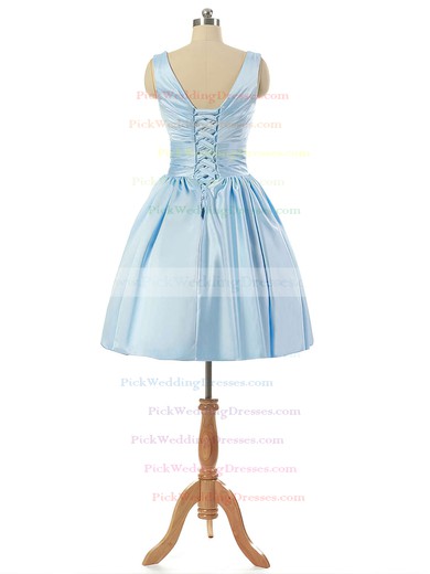 V-neck Light Sky Blue Satin Lace-up Pleats Short/Mini Bridesmaid Dresses #PWD010020101795