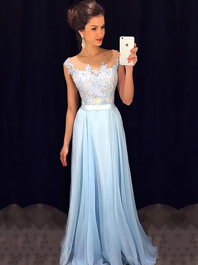 Affordable Scoop Neck Blue Chiffon Tulle Appliques Lace Floor-length Bridesmaid Dresses #PWD010020101989
