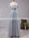 New A-line Gray Tulle Appliques Lace Off-the-shoulder Bridesmaid Dresses #PWD010020102047