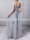 New A-line Gray Tulle Appliques Lace Off-the-shoulder Bridesmaid Dresses #PWD010020102047