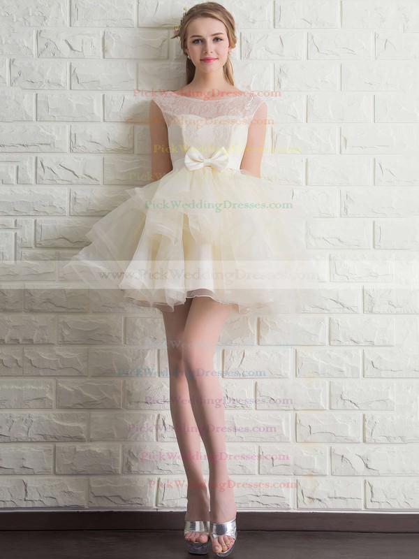 Wholesale Scoop Neck Lace Tulle with Bow Short/Mini Bridesmaid Dresses #PWD010020102158