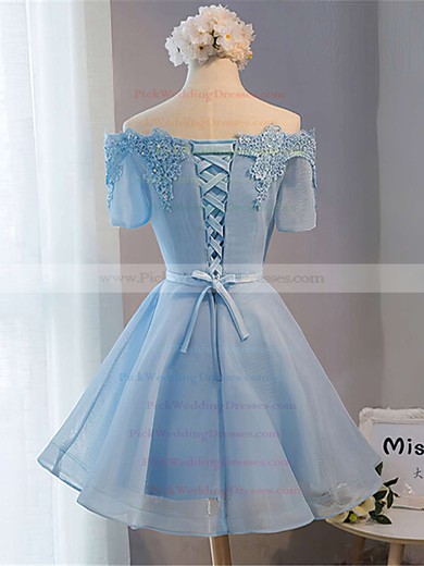 A-line Off-the-shoulder Satin Organza Short/Mini Sashes / Ribbons Bridesmaid Dresses #PWD010020102547