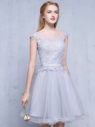 A-line Scoop Neck Tulle Short/Mini Appliques Lace Pretty Bridesmaid Dresses #PWD010020102753