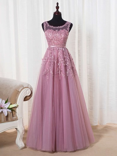 A-line Scoop Neck Tulle Floor-length Appliques Lace Graceful Bridesmaid Dresses #PWD010020102804