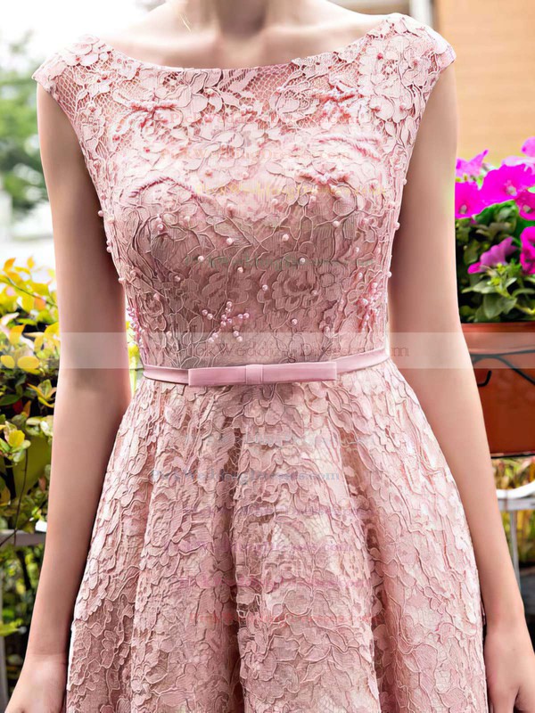 A-line Scoop Neck Lace Tea-length Sashes / Ribbons  Lace-up Sweet Bridesmaid Dresses #PWD010020102877