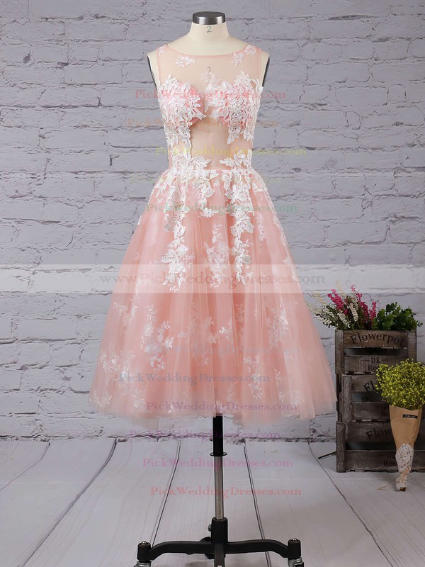 Ball Gown Scoop Neck Tulle Tea-length Appliques Lace Boutique Bridesmaid Dresses #PWD010020103045