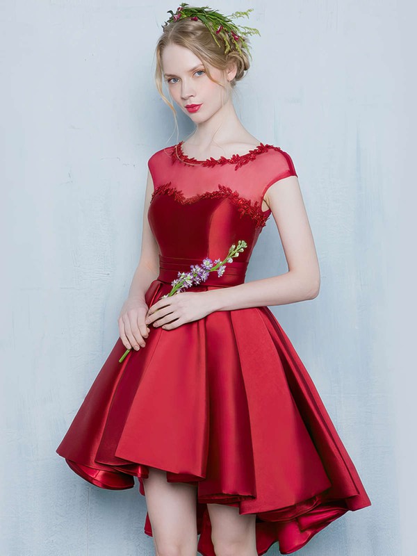 Prettiest Princess Scoop Neck Satin Tulle Asymmetrical Appliques Lace Cap Straps High Low Bridesmaid Dresses #PWD010020103133