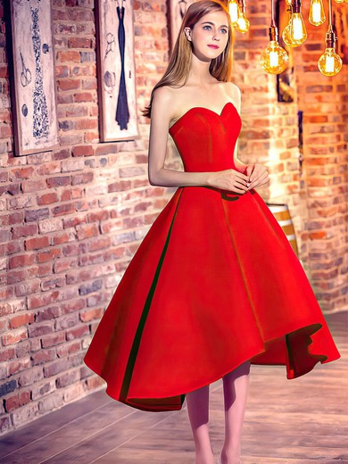Classic Princess Sweetheart Satin Asymmetrical Ruffles Red High Low Bridesmaid Dresses #PWD010020103199