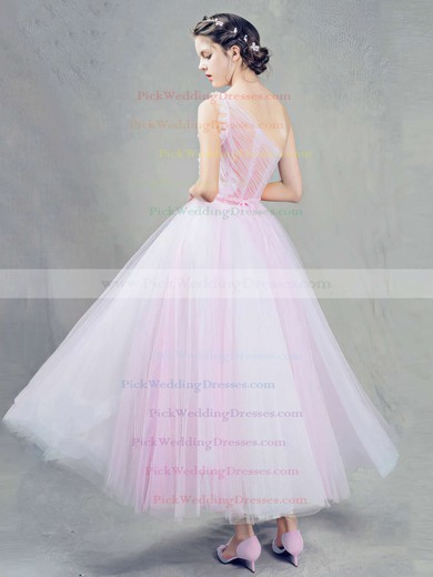 Ball Gown One Shoulder Tulle Ankle-length Sashes / Ribbons Pink Sweet Bridesmaid Dresses #PWD010020103243
