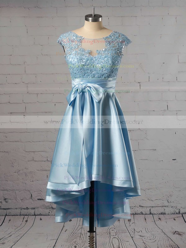 A-line Scoop Neck Satin Tulle Asymmetrical Appliques Lace Cap Straps High Low Original Bridesmaid Dresses #PWD010020103433