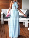 Sheath/Column V-neck Chiffon Floor-length Ruffles Blue Backless Sexy Bridesmaid Dresses #PWD010020103552