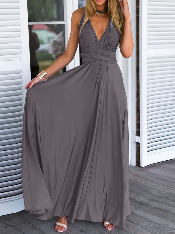 A-line V-neck Chiffon with Ruffles Floor-length Backless Informal Bridesmaid Dresses #PWD010020103579