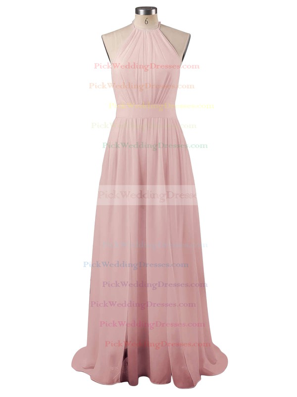 Summer A-line Halter Chiffon Floor-length Split Front Backless Bridesmaid Dresses #PWD010020103638