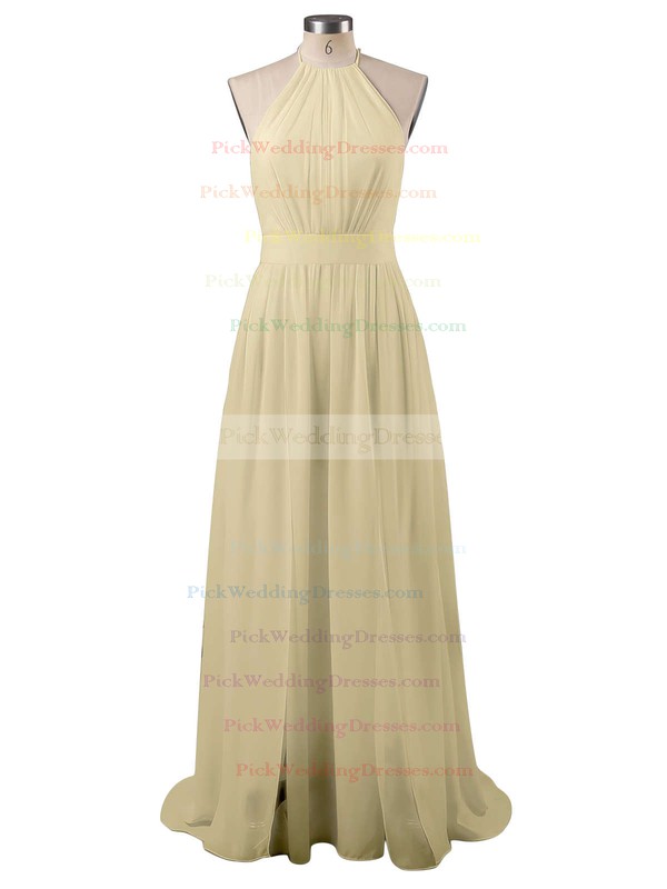 Summer A-line Halter Chiffon Floor-length Split Front Backless Bridesmaid Dresses #PWD010020103638