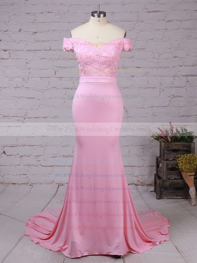 Trumpet/Mermaid Off-the-shoulder Tulle Silk-like Satin Sweep Train with Sashes / Ribbons Bridesmaid Dresses #PWD010020104517