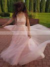 A-line V-neck Tulle Sweep Train Appliques Lace Bridesmaid Dresses #PWD010020105330