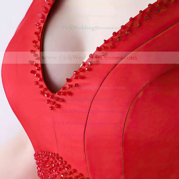 A-line V-neck Satin Asymmetrical Beading Bridesmaid Dresses #PWD010020105372