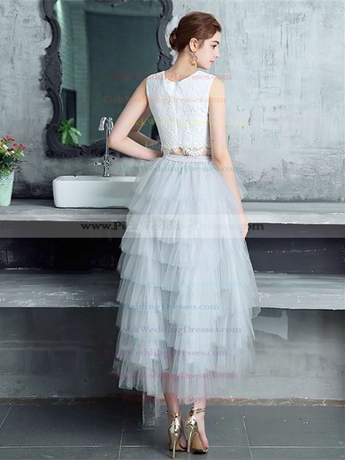 A-line Scoop Neck Lace Tulle Asymmetrical Tiered Bridesmaid Dresses #PWD010020105394